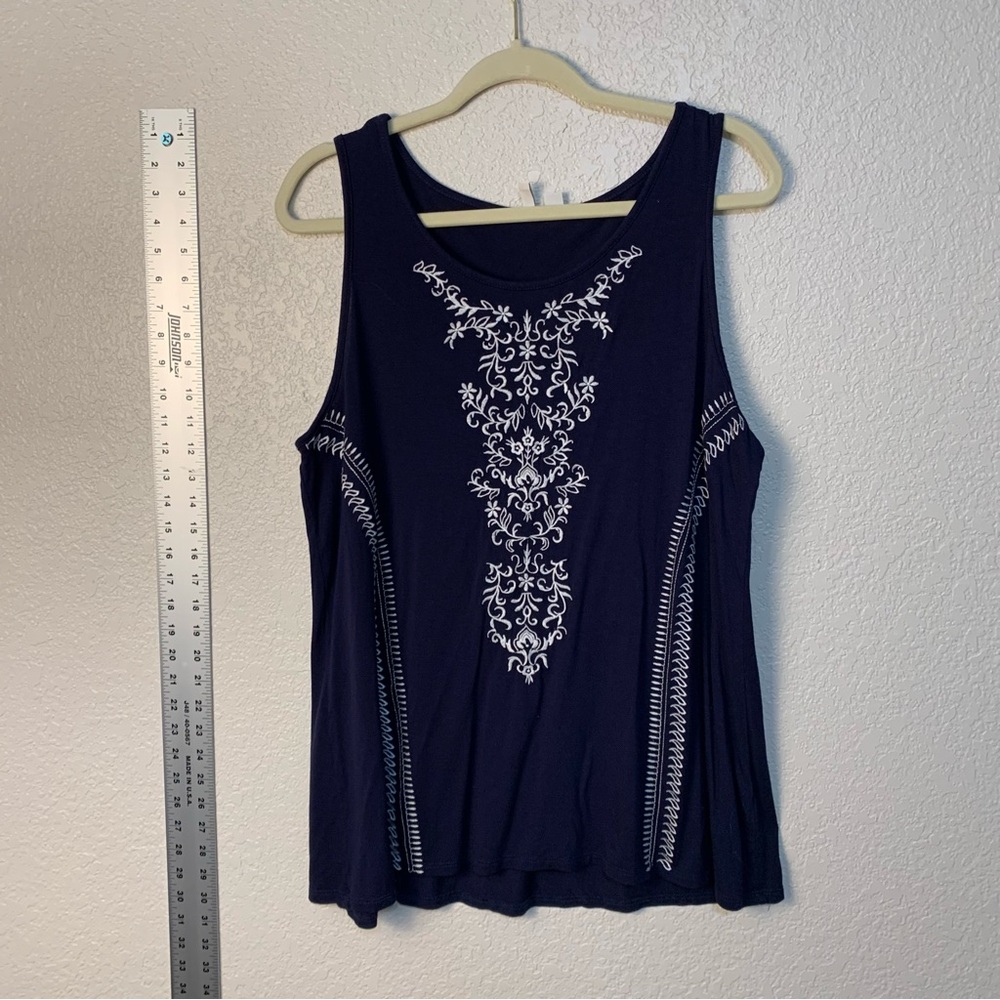 Cato Blue with White Embroidered Tank Top shirt, blouse